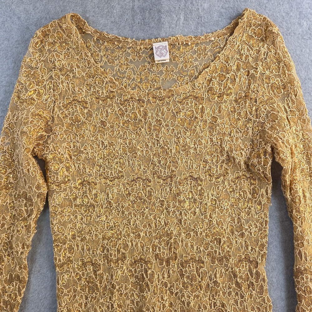 Nap Lace Mesh Top Women Large Gold Metallic Long Sleeve Sheer Vintage